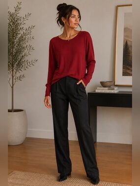 Max Studio 100% Extra Fine Merino Wool  Red Sweater Size XL Cozy Minimalist
